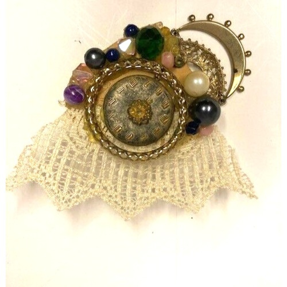 Ornate Victorian Revival Vintage Romantic Brooch with Lace Clock face Faux Pearl